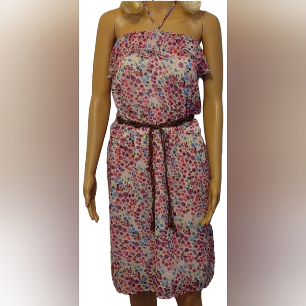 NWT TRUE FREEDOM AMERICAN DENIM NECK TIE FLORAL DRESS WITH BELT SZ M